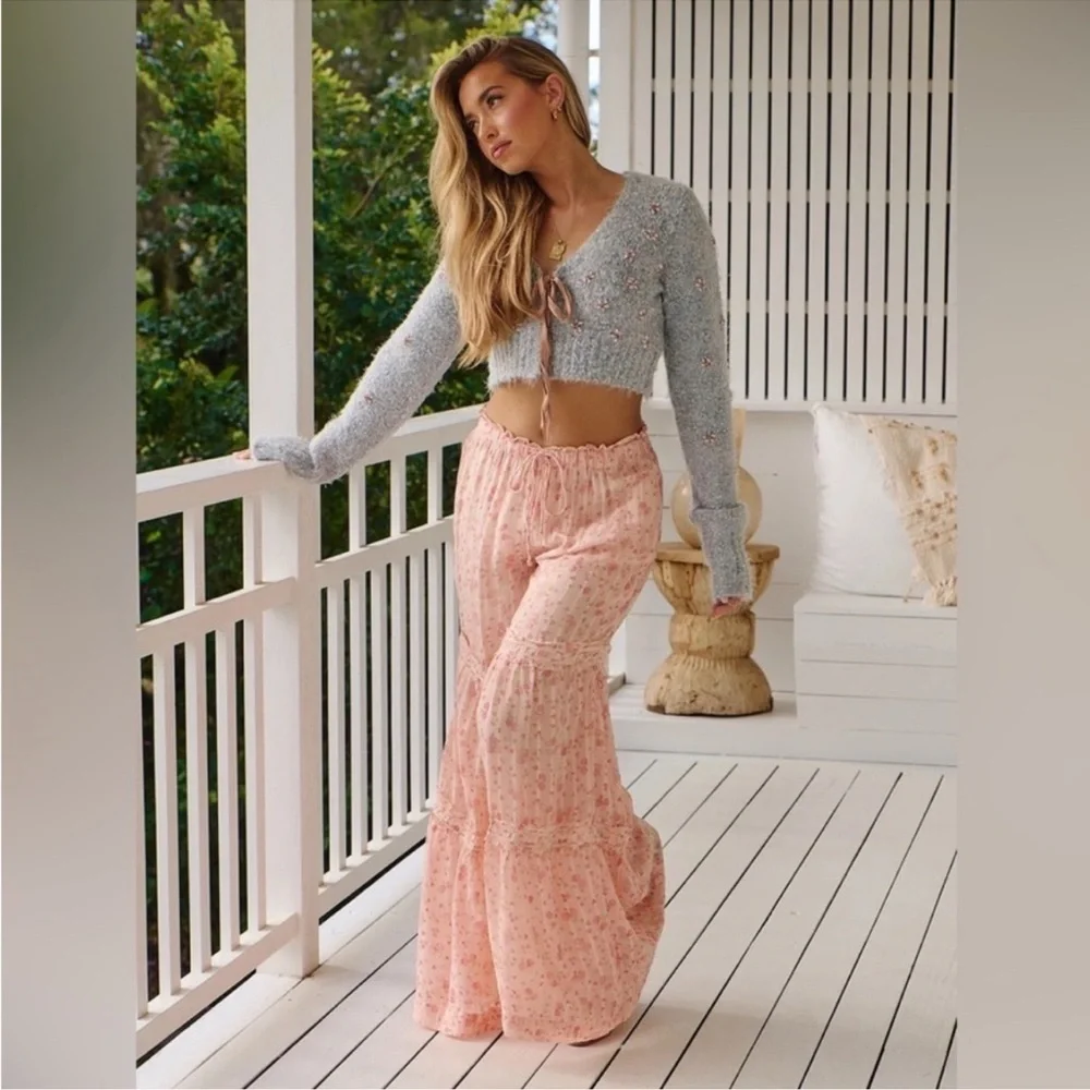 Free People Emmaline Tiered Wide Leg Pull On Pant Pink Size Small - Picture 6 of 10